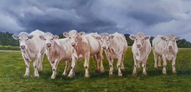 Painting titled "Les 6 vaches Charol…" by Josseline Haye-Bevin, Original Artwork, Oil Mounted on Wood Stretcher frame