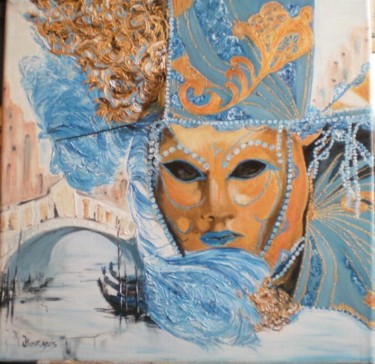 Peinture intitulée "Masque bleu/or (2)…" par Josette Bourgeois, Œuvre d'art originale, Huile