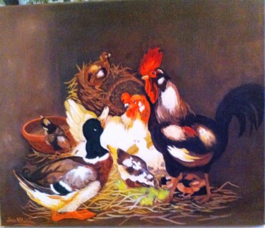 Peinture intitulée "basse-cour poule co…" par Josy Chatain, Œuvre d'art originale