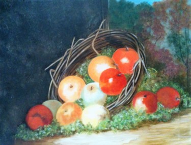 Painting titled "Pommes dans panier…" by Josy Chatain, Original Artwork