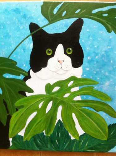 Painting titled "Chat dans les plant…" by Josy Chatain, Original Artwork
