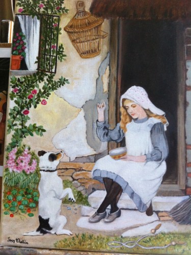 Schilderij getiteld "Fillette et son chi…" door Josy Chatain, Origineel Kunstwerk