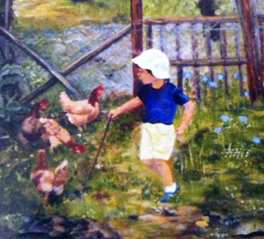 Painting titled "Sacha et les poulet…" by Josy Chatain, Original Artwork