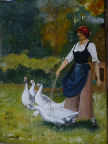 Schilderij getiteld "Gardeuse d'oies" door Josy Chatain, Origineel Kunstwerk