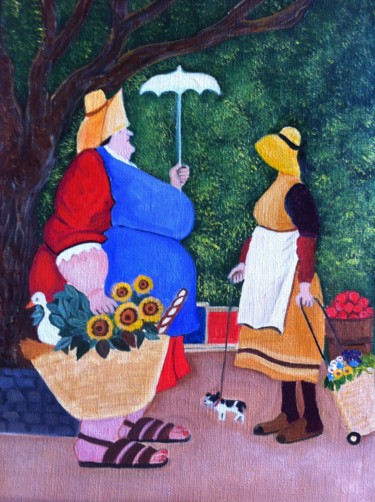 Painting titled "Rencontre au marché…" by Josy Chatain, Original Artwork, Oil