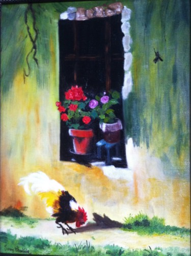 Peinture intitulée "Coq devant la fenêt…" par Josy Chatain, Œuvre d'art originale