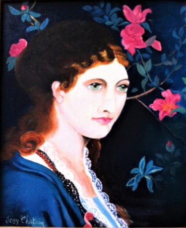 Painting titled "Jeune femme et rose…" by Josy Chatain, Original Artwork