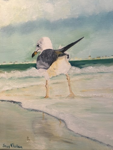 Painting titled "Mouette sur la plage" by Josy Chatain, Original Artwork, Oil