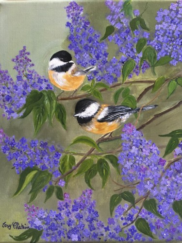 Painting titled "Oiseaux dans lilas" by Josy Chatain, Original Artwork, Oil