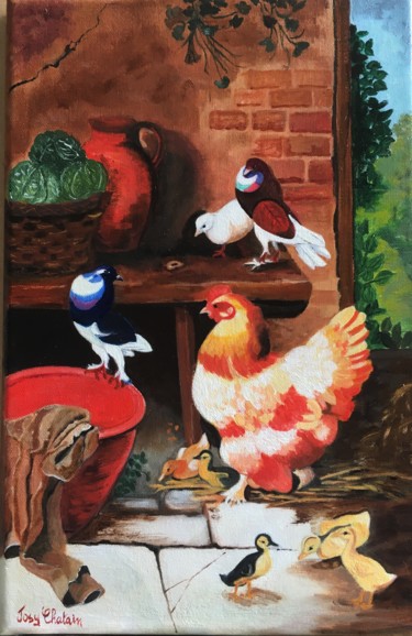 Painting titled "Poules et pigeons" by Josy Chatain, Original Artwork, Oil