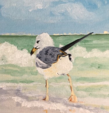 Painting titled "Mouette sur la plage" by Josy Chatain, Original Artwork, Oil