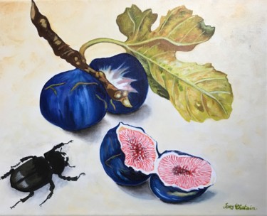 Peinture intitulée "Figues et scarabee" par Josy Chatain, Œuvre d'art originale, Huile
