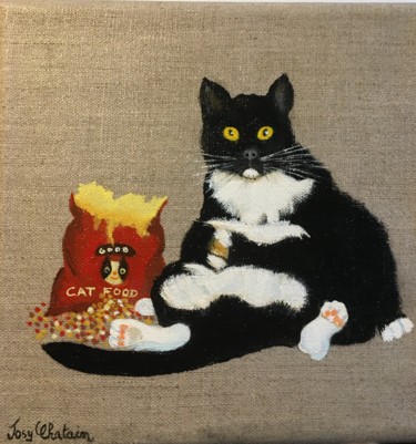 Painting titled "CHAT GOURMAND" by Josy Chatain, Original Artwork, Oil