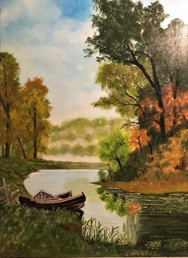 Peinture intitulée "Barques sur la rivi…" par Josy Chatain, Œuvre d'art originale, Huile