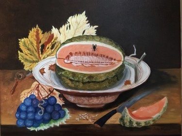 Peinture intitulée "Melon et mouche" par Josy Chatain, Œuvre d'art originale, Huile