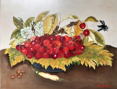 Painting titled "Cerises roses et in…" by Josy Chatain, Original Artwork, Oil