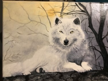 Painting titled "Loup blanc" by Josy Chatain, Original Artwork, Oil