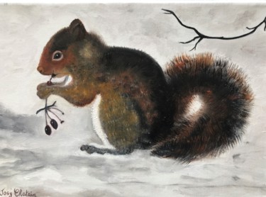 Peinture intitulée "Ecureuil dans la ne…" par Josy Chatain, Œuvre d'art originale, Huile