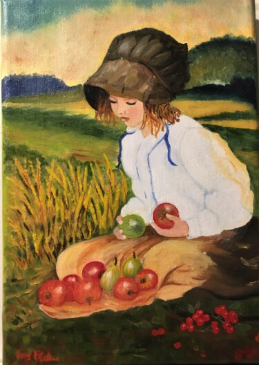 Painting titled "Fillette et pommes" by Josy Chatain, Original Artwork, Oil