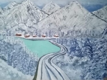 Peinture intitulée "Montagnes enneigée" par Jouane, Œuvre d'art originale, Acrylique