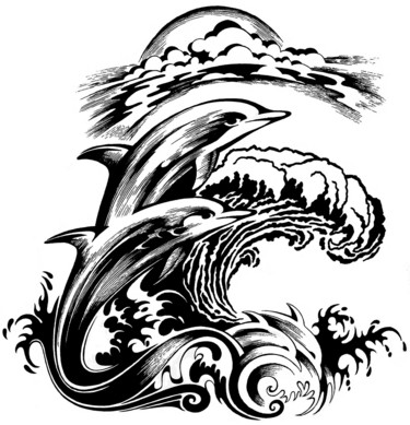 Disegno intitolato "Dolphins" da Journeymandesigns, Opera d'arte originale, Inchiostro