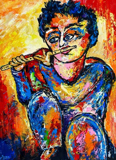 Peinture intitulée "Street flute player" par Jovanart, Œuvre d'art originale, Acrylique