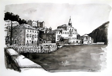 Drawing titled "Perast, cityscape" by Jovana Pestoric, Original Artwork, Ink