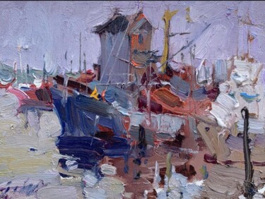 Schilderij getiteld "Santa Barbara Harbor" door Jove Wang, Origineel Kunstwerk, Olie