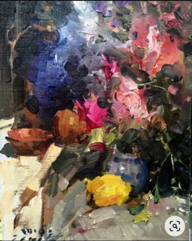 Malarstwo zatytułowany „Flowers & Old Bottl…” autorstwa Jove Wang, Oryginalna praca, Olej