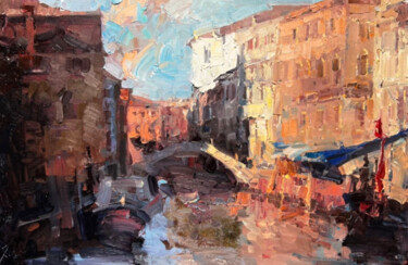 Schilderij getiteld "Sunset in Venice" door Jove Wang, Origineel Kunstwerk, Olie