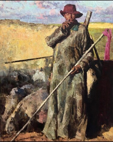 Schilderij getiteld "Sheepman" door Jove Wang, Origineel Kunstwerk, Olie