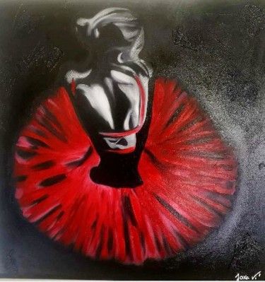 Painting titled "La petite robe rouge" by Joxa Vi', Original Artwork, Oil Mounted on Wood Stretcher frame