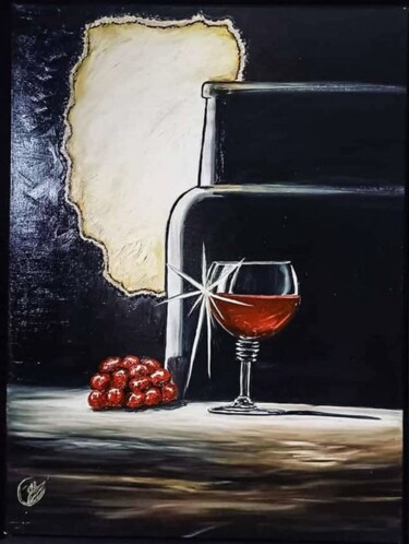 「Le Bon Vin」というタイトルの絵画 Joy Calocによって, オリジナルのアートワーク, オイル ウッドストレッチャーフレームにマウント