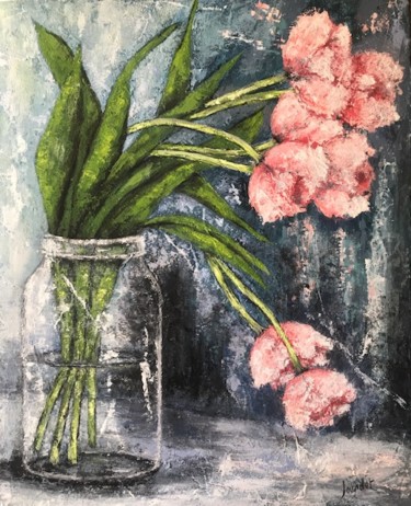 「Bouquet de Tulipes…」というタイトルの絵画 Joy Jourdetによって, オリジナルのアートワーク, オイル ウッドストレッチャーフレームにマウント