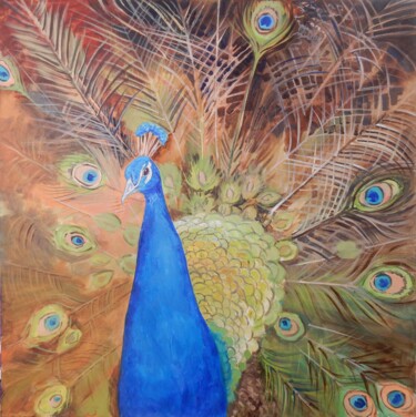 Malarstwo zatytułowany „Peacock” autorstwa Joy Parks Coats, Oryginalna praca, Akryl Zamontowany na Drewniana rama noszy