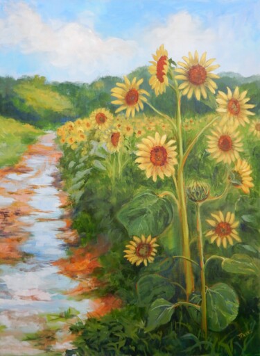 Painting titled "Sunflowers and Pudd…" by Joy Parks Coats, Original Artwork, Acrylic Mounted on Wood Stretcher frame
