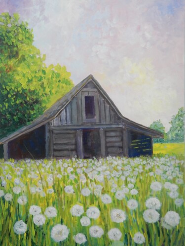 Painting titled "Dandelion Field" by Joy Parks Coats, Original Artwork, Acrylic Mounted on Wood Stretcher frame