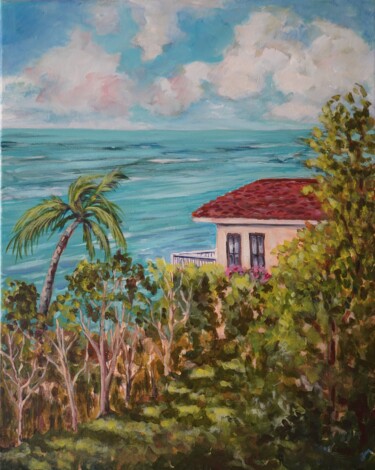 Painting titled "Caribbean Cottage" by Joy Parks Coats, Original Artwork, Acrylic Mounted on Wood Stretcher frame