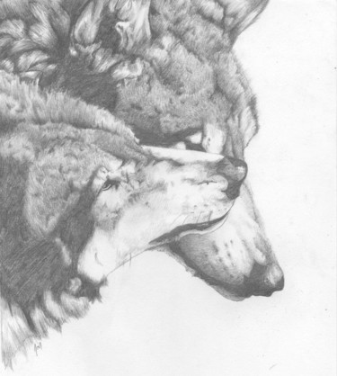 Dessin intitulée "2 wolves" par Joy Prillard, Œuvre d'art originale, Crayon