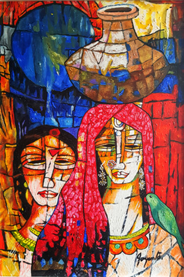 Peinture intitulée "Mother and Daughter" par Joyanto Deb, Œuvre d'art originale, Acrylique