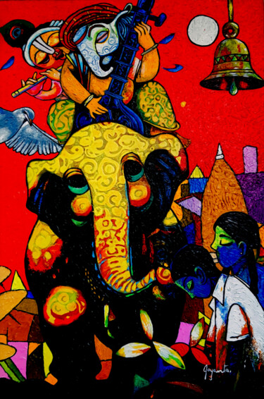 Pintura titulada "Krishna with his av…" por Joyanto Deb, Obra de arte original, Acrílico