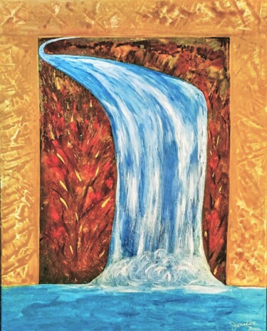 CASCADE D'AUTOMNE Painting titled "CASCADE D'AUTOMNE" by Jmsbell, Original Artwork, Watercolor Mounted on Wood Stretcher frame