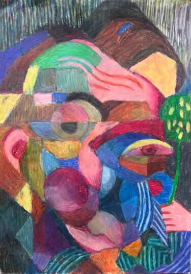 Dibujo titulada "Cubic face" por Joyce Van Den Engel, Obra de arte original, Lápiz