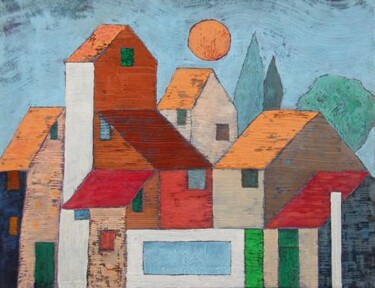 Schilderij getiteld "Village with Pool" door Jp Deloore, Origineel Kunstwerk, Olie Gemonteerd op Frame voor houten brancard