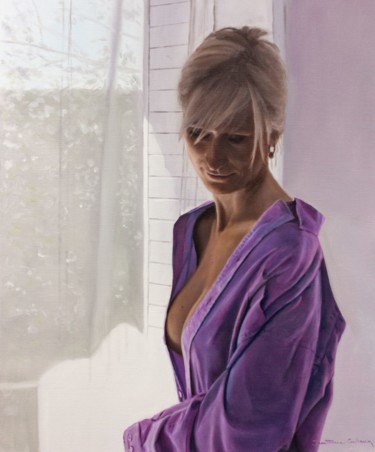 Painting titled "The Purple Shirt" by Jean-Pierre André Leclercq, Original Artwork, Oil Mounted on Wood Stretcher frame