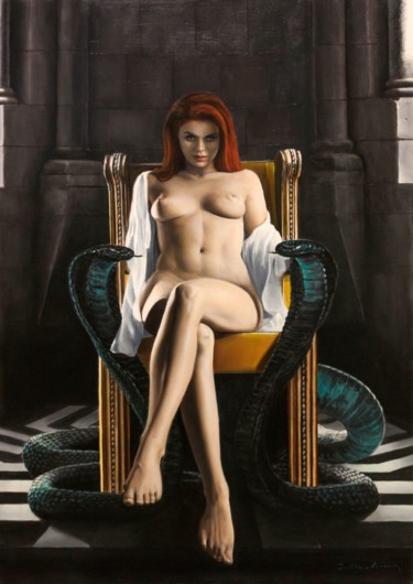 Painting titled "Lilith" by Jean-Pierre André Leclercq, Original Artwork, Oil Mounted on Wood Stretcher frame