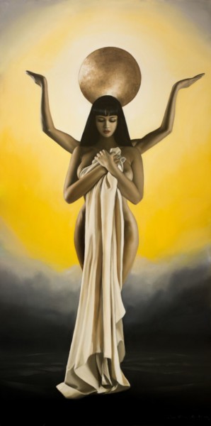Painting titled "Hathor" by Jean-Pierre André Leclercq, Original Artwork, Oil Mounted on Wood Stretcher frame