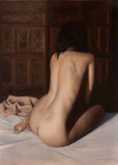 Painting titled "Le Paravent" by Jean-Pierre André Leclercq, Original Artwork, Oil Mounted on Wood Stretcher frame