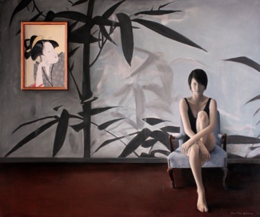 Painting titled "Mono Omou Koi" by Jean-Pierre André Leclercq, Original Artwork, Oil Mounted on Wood Stretcher frame