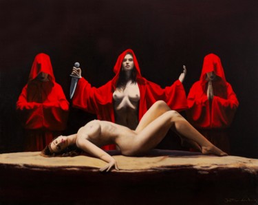 Painting titled "Sacrifice" by Jean-Pierre André Leclercq, Original Artwork, Oil Mounted on Wood Stretcher frame